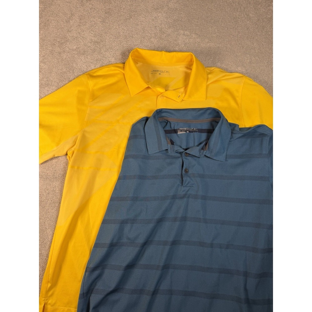 Lot Of 2 NikeGolf‎ Tour Performance Dri Fit Polo Shirt Blue Yellow Printed Large